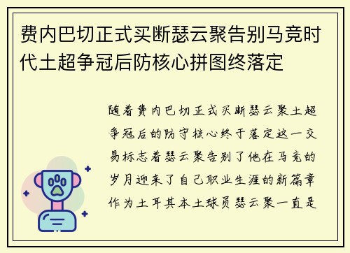 费内巴切正式买断瑟云聚告别马竞时代土超争冠后防核心拼图终落定