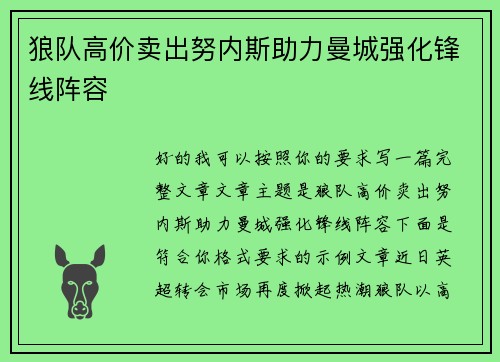 狼队高价卖出努内斯助力曼城强化锋线阵容